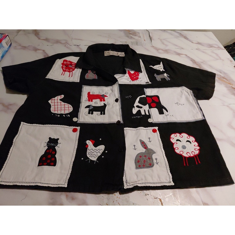 Vintage New Directions embroidered shirt folk-art style embroidered patches Sz L